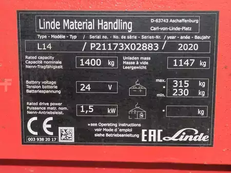 Apilador eléctrico 2020  Linde L14-1173-01 (4)