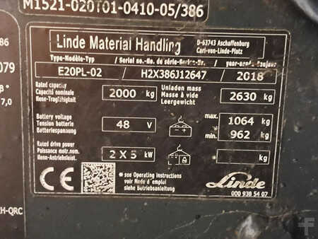 3-wiel elektrische heftrucks 2018  Linde E20PL-02 (11)