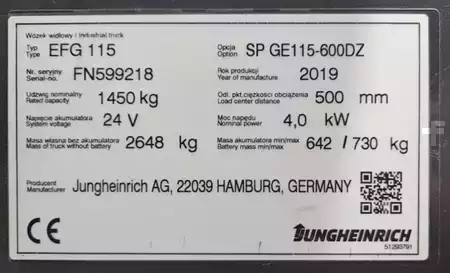 Elektromos 3 kerekű 2019  Jungheinrich EFG 115 SP GE 115-600 DZ (4)