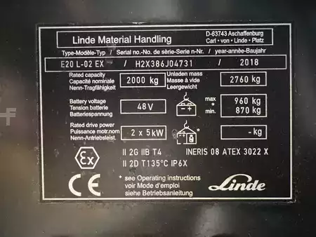 Elektromos 3 kerekű 2018  Linde E 20 L - 386 / 02 Evo - Atex EX Proplan 2GD / Zone 1-21-22 !! NEW battery !! (3)