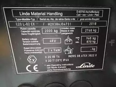 Electric - 3 wheels 2018  Linde E 20 L - 386 / 02 Evo * Atex EX * Proplan 2GD / Zone 1 - 21 - 22 * Triplex FFL !! NEW battery !! (3)