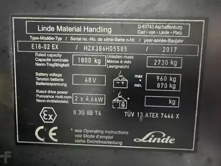 Eléctrico - 3 rodas 2017  Linde E 18 - 386 / 02 Evo * Atex EX * Proplan 3G / Zone 2 !! NEW battery !! (3)