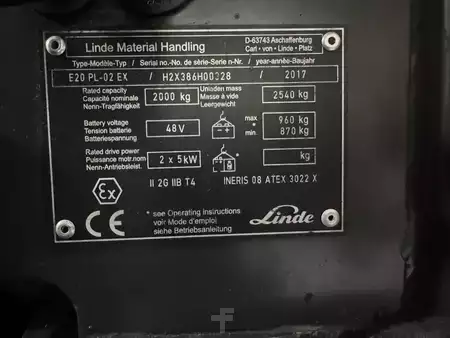 Sähkö - 4 pyör 2017  Linde E 20 PL - 386 / 02 Evo * Atex EX * Proplan 2G / Zone 1 !! Triplex FFL !! NEW battery !! (3)