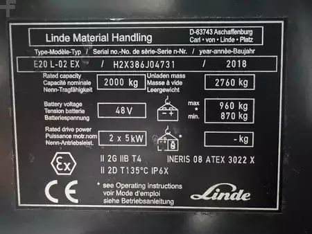 Chariots électriques à 3 roues 2018  Linde E 20 L - 386 / 02 Evo * Atex EX * Proplan 2GD / Zone 1-21-22 !! Triplex FFL !! NEW battery ! (3)