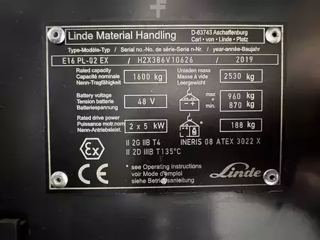 Chariots électriques à 4 roues 2019  Linde E 16 PL - 386 / 02 Evo * Atex EX * Proplan 2GD / Zone 1-21-22 !! Triplex FFL !! NEW battery ! (3)