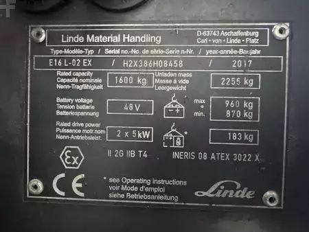 Carrelli elettrici 3 ruote 2017  Linde E 16 L - 386 / 02 Evo * Atex EX * Proplan 2G / Zone 1 !! NEW battery !! (3)