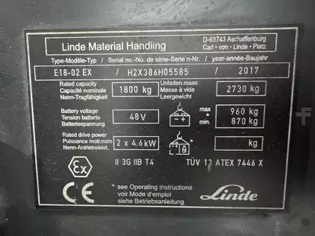 Elektrisk- 3 hjul 2017  Linde E 18 - 386 / 02 Evo * Atex EX * Proplan 3G / Z2 * NEW battery !! (3)