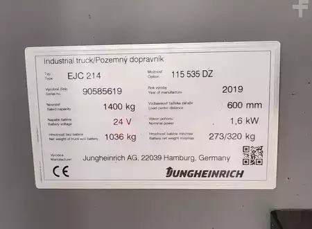 Ruční vysokozdvižný vozík 2019  Jungheinrich EJC 214 5.35m/ Li-Ion/ 1025h (11)