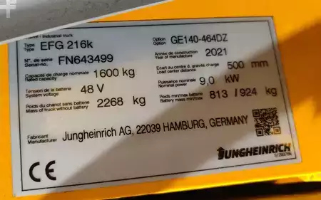 Elektro tříkolové VZV 2021  Jungheinrich EFG 216k 880mh/ 4.6m/ 2021y (18)