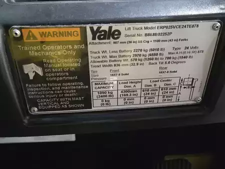 Montacargas de Pasillo Angosto 2016  Yale ERP025VCE24TE078 (15)