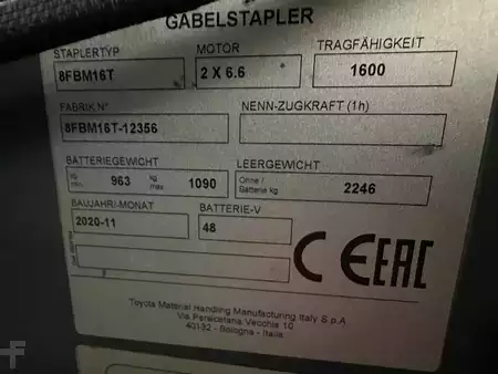 Elektrisk- 4 hjul 2020  Toyota 8FBM16T - FREIHUB-MAST !!! (7)