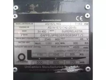 El Truck - 3-hjul 2015  Nissan Heftruck L16Q, elek., triplex, side shift, vorkverstelling. (10)