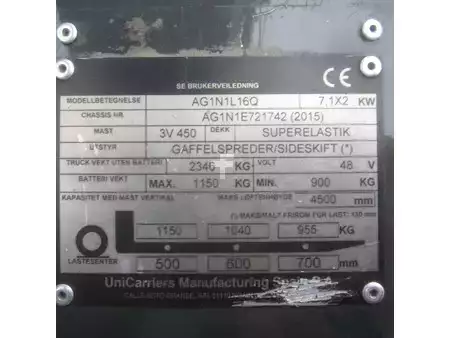 Elektrisk- 3 hjul 2015  Nissan Heftruck L16Q, elek., triplex, side shift, vorkverstelling. (10)
