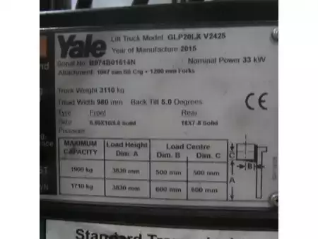 Gas gaffeltruck 2015  Yale Heftruck GLP20LX, LPG, duplo, side shift. (7)