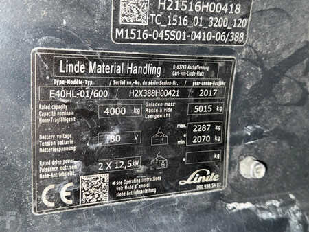 Elektromos 4 kerekű 2017  Linde E40-600 [[accu 77%]] Cabine Vorkversteller Sideshift Airco overdruk (13)