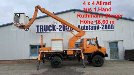 Truck mounted platform 1998 Ruthmann Unimog U 1850 L 4x4 Ruthmann Steiger 17m seitl.12m 1.Hd (1)
